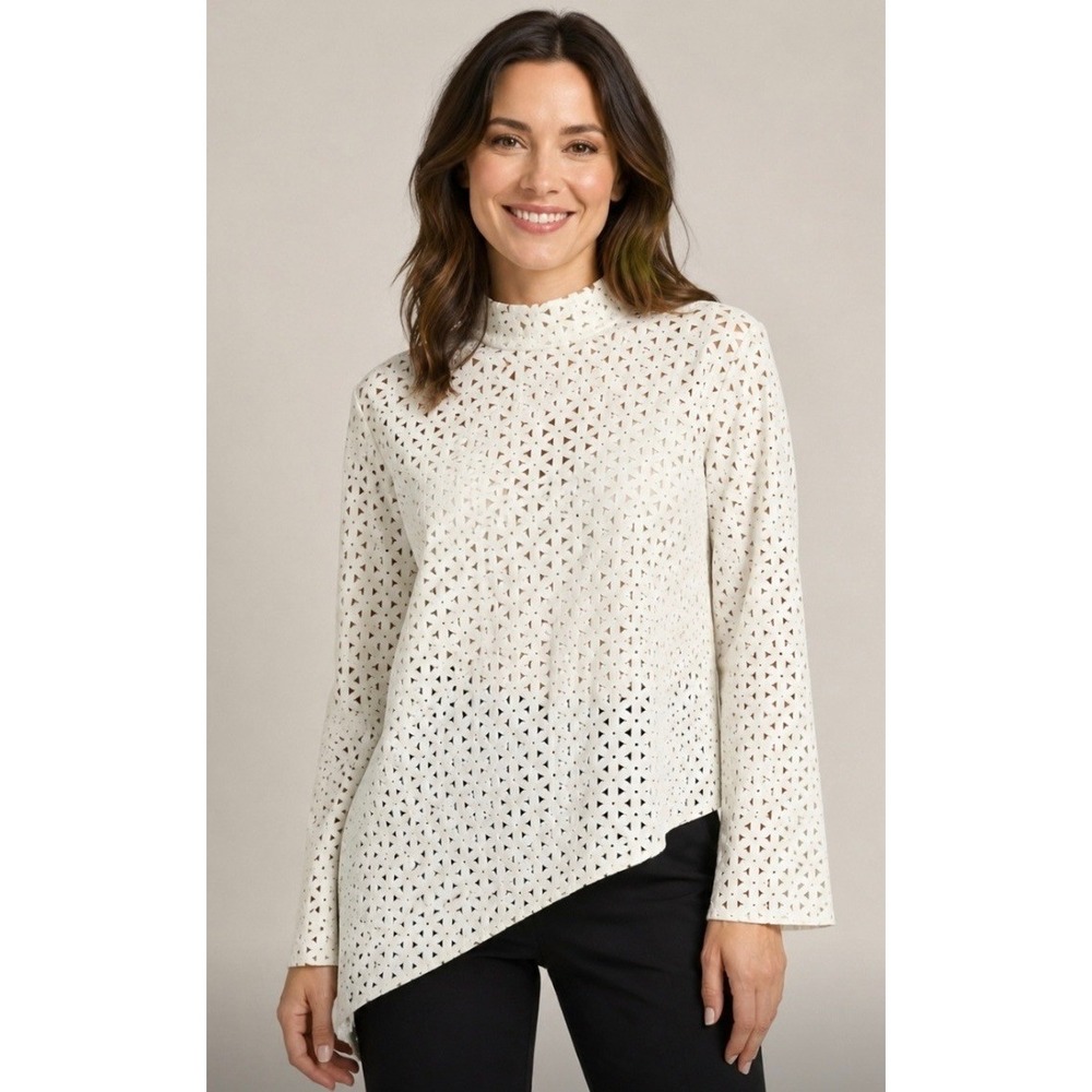 VTG Grayse Butter Yellow Laser Cut Geometric Asymmetrical Mock Neck L/S Top Sz L